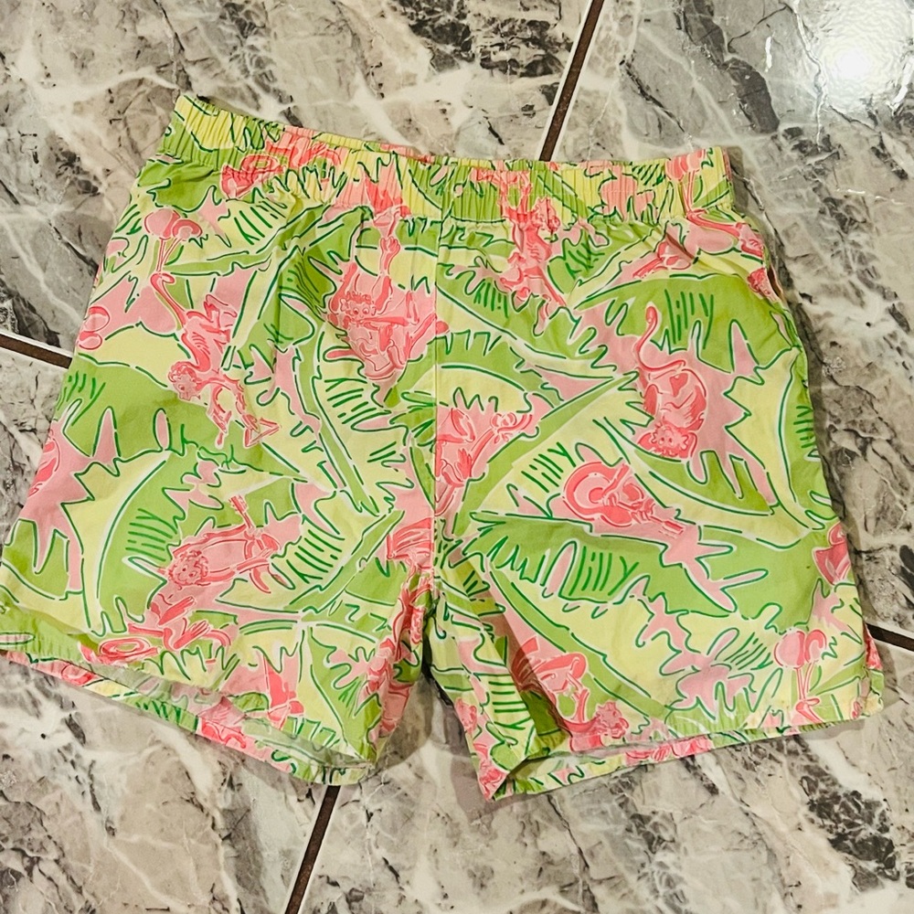 Boys Lilly Pulitzer Pink and Green Leaf Print swim trunks